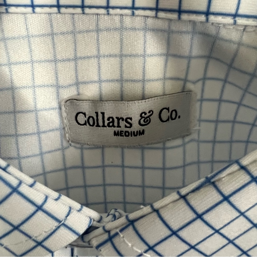 Collars & Co. Dress Collar Polo NWT Size Medium White Blue Check Short Sleeve - Picture 8 of 11